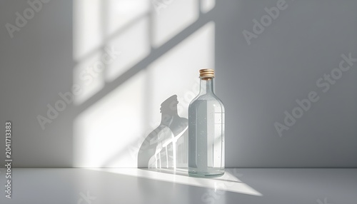 A clear glass bottle with a cork stopper sits on a white surface in front of a window with natural light casting shadows.