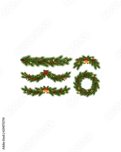 Christmas Pine Garland Vector Set with Realistic Evergreen Branches Festive Decoration Elements Isolated on White Background Holiday Design Resource