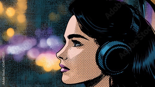 Young woman in headphones inside a car looking out at city night lights in comic style