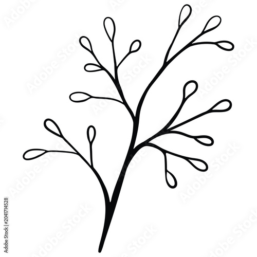 Minimalist linear drawing of a branched botanical branch with small buds.