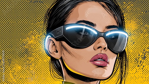 Cyberpunk woman in futuristic sunglasses and headphones over yellow background