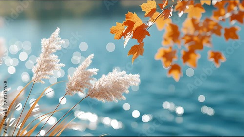 Soft light reflects on water with autumn leaves and reeds swaying by the lakeshore at sunset