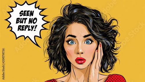 Shocked young woman holding smartphone with seen but no reply speech bubble in pop art comic style