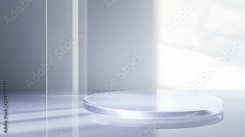 A modern 3D rendered interior features an empty glass showcase on a clean podium illuminated by a spotlight against a minimalist architectural wall