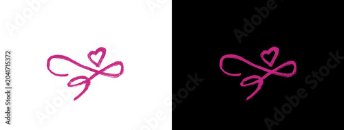 Bild auf Leinwand Glowing Pink Magenta Neon Bow with Heart Ribbon Line Art Icon on White and Black