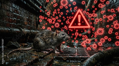 Rat in dirty environment with virus particles and warning sign disease transmission concept made by AI generative