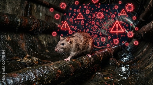 Rat in dirty environment with virus particles and warning sign disease transmission concept made by AI generative