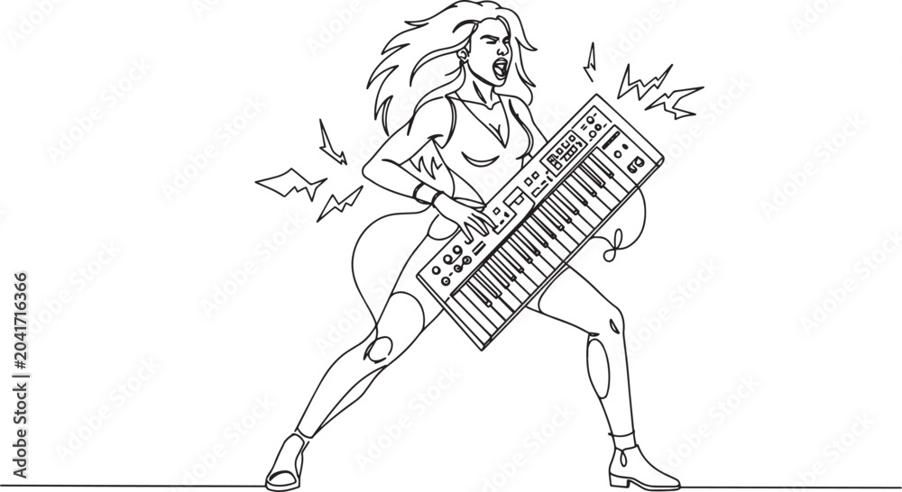 Fototapeta premium Energetic woman playing keyboard with passion, rock and roll performance.