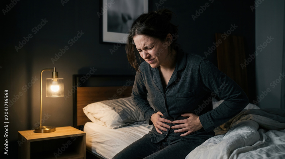 Fototapeta premium Woman Experiencing Stomach Pain on Bed in Low-Lit Bedroom Looks Uncomfortable