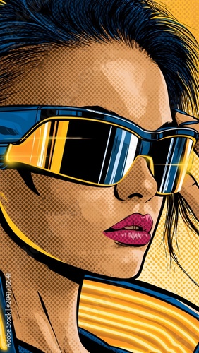 Cyberpunk woman in futuristic sunglasses and headphones over yellow background