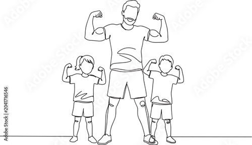 Father and children flexing muscles, showing strength and family bond together.