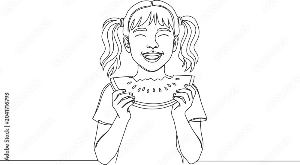 Fototapeta premium Happy girl enjoying a slice of juicy watermelon, smiling and cheerful.