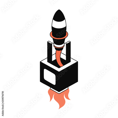 Professional isometric rocket launch icon designed for startup growth, innovation, entrepreneurship, product launches, and modern business applications.