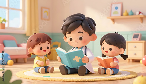 Children reading illustrated book together on cozy rug in bright bedroom with toys