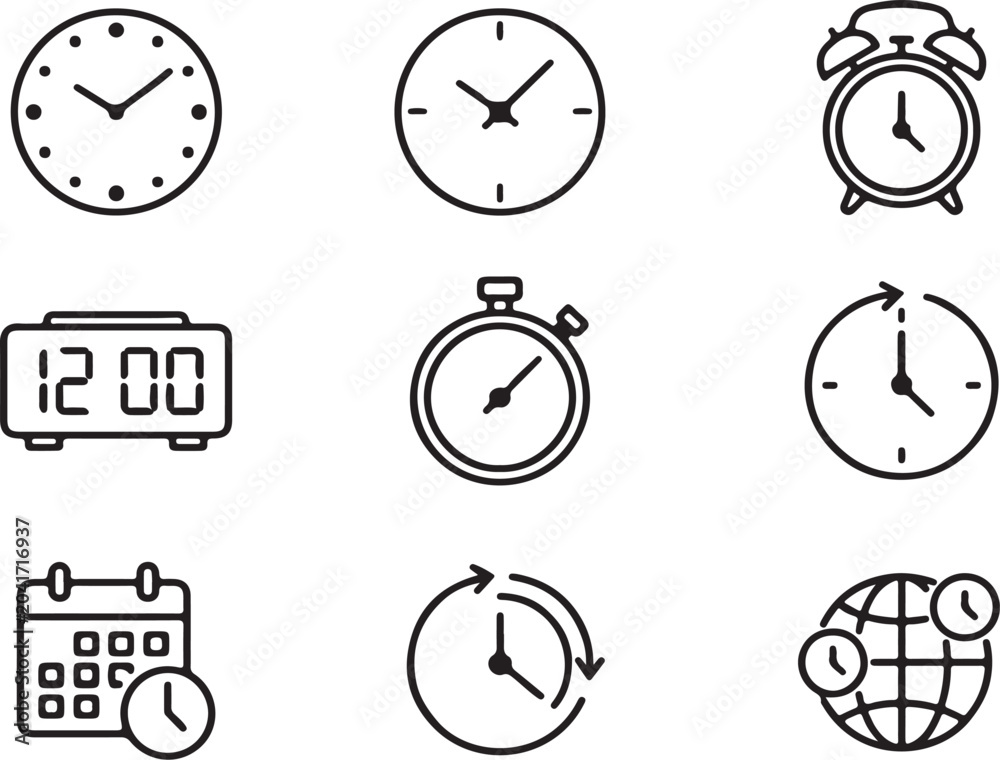 Fototapeta premium Collection of Various Timekeeping Devices and Calendars, Representing Time Management and Schedules