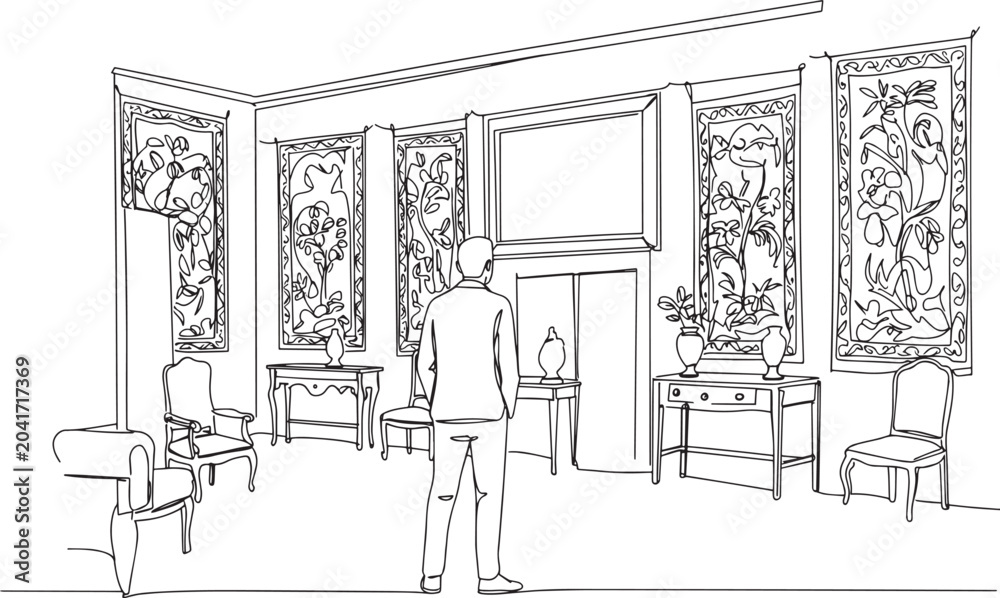 Fototapeta premium Man standing in a room, focused on the main subject, looking at the interior design.