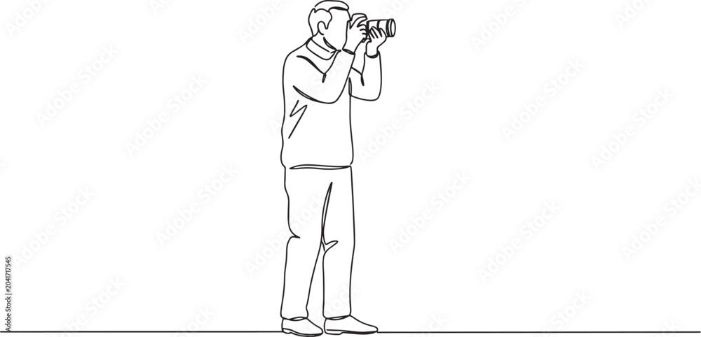 Obraz premium Man using binoculars, observing something, standing, looking, focused, detailed, line art.