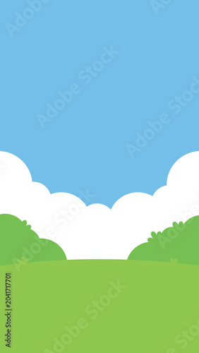 An illustration of clouds over a lush green garden landscape 