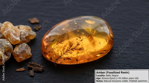 Polished Golden Amber Gemstone with Natural Inclusions on Dark Display Surface