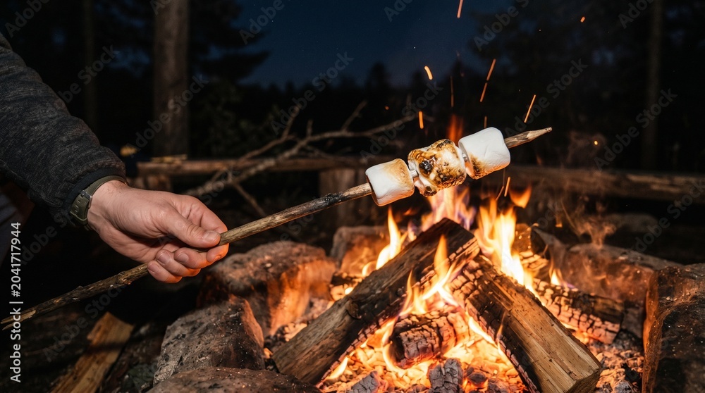 Fototapeta premium People roasting marshmallows on campfire at night - cozy outdoor bonding made by AI generative