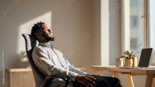 Tranquil workspace moment: African young man meditating in an office chair