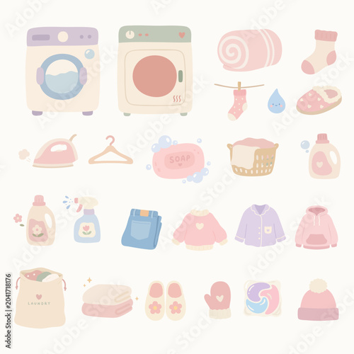 Cute pastel laundry and cleaning clipart set with washing machine, dryer, detergent, soap, towels, socks and clothes