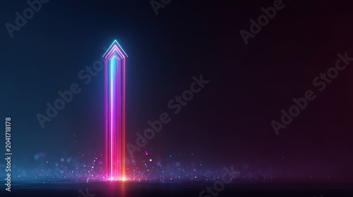 Ultraviolet glow neon arrow in a futuristic digital landscape with laser-like lines