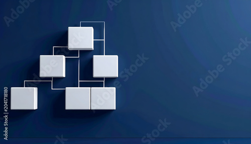 Minimalist 3D corporate organizational chart with white cubes on blue background, business hierarchy concept with copy space
