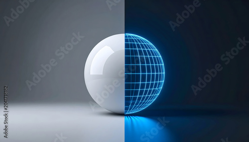 Minimalist 3D concept of a digital twin with split screen layout showing a physical white sphere and its glowing blue digital wireframe mesh