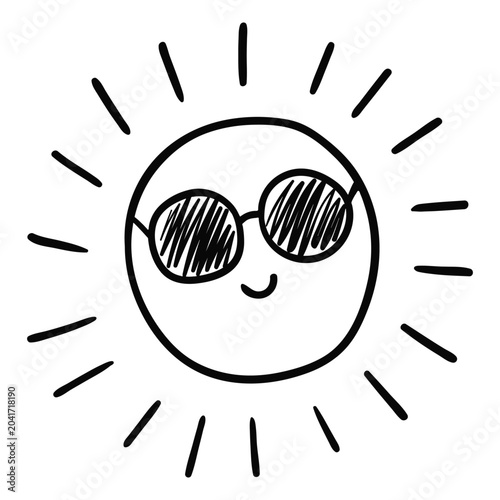 Cute linear drawing of a smiling sun wearing sunglasses in doodle style.