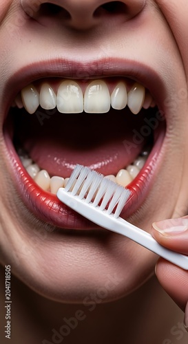 Close Up Open Mouth with Toothbrush Cleaning Teeth in Oral Hygiene Routine