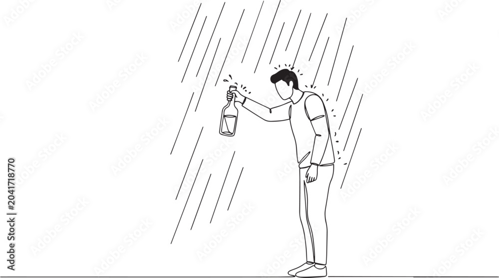 Fototapeta premium Man in the rain holding a lantern, searching for something in the darkness.