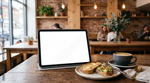 Blank tablet and laptop screen with coffe and pastry on cafe table - remote work and mockup template made by AI generative