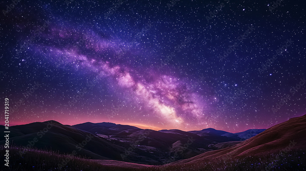 Obraz premium Vibrant Milky Way galaxy shining above a serene mountain landscape with dramatic peaks and clear night skies.
