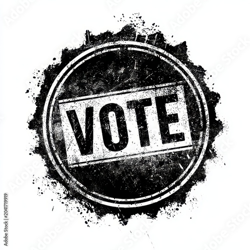 Vintage black grunge stamp with bold VOTE text, circular badge isolated on white background