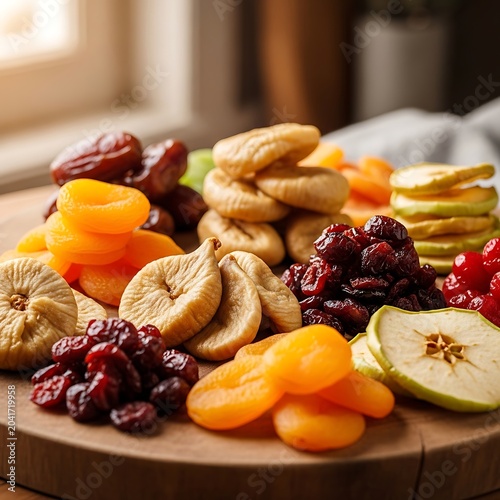 Colorful Dried Fruit Assortment Arranged on Wooden Board by Window