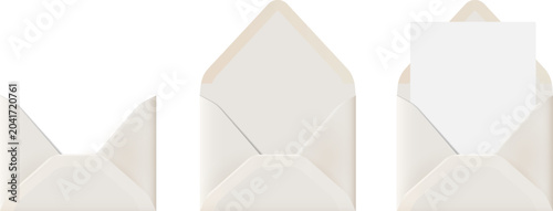 Beige realistic envelope, set of open,open with blank sheet paper inside, half envelope