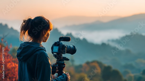 Female content creator filming video with camera on mountain