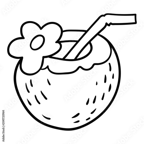 Linear drawing of a tropical coconut cocktail with a straw and a flower in doodle style.