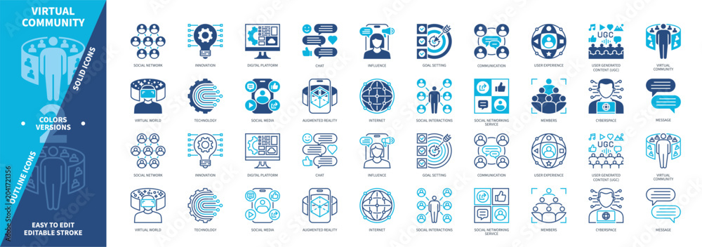 Fototapeta premium Virtual Community icon set. Members, Cyberspace, Social Network, Chat, Message, Technology, Platform, Influence. Duotone color solid and editable outline icons