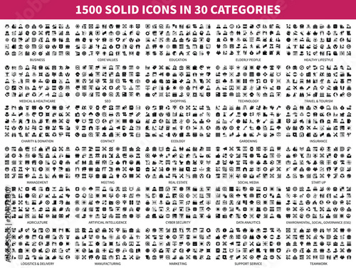 Mega bundle of solid icons. Contains such icon collection as data analytics, shopping, medical and healthcare, teamwork, marketing. Vector pictogram pack