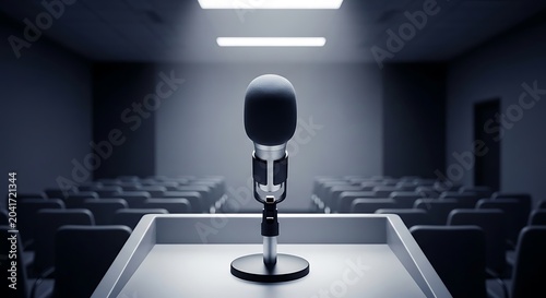 Modern Microphone Standing on Podium in Empty Auditorium