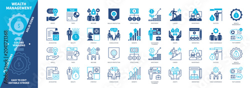 Wealth Management icon set. Structuring, Taxes, Family Governance, Estate Planning, Advice, Investment, Growth, Welfare. Duotone color solid and editable outline icons