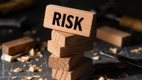 Stacked Wooden Blocks Spelling 'Risk' with Wood Shavings