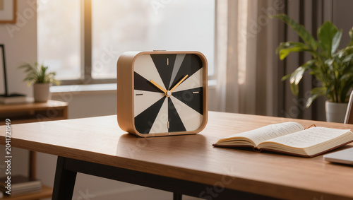 Stylish Wooden Table Clock and Open Notebook on Modern Desk