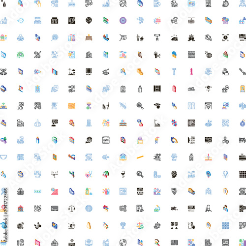Photos Diverse set of small, colorful isometric icons representing concepts like web de
