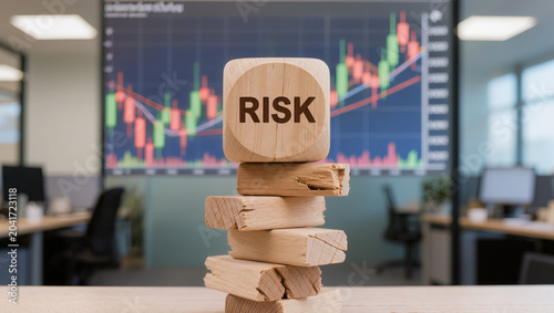 Wooden Risk Block on Stacked Blocks with Stock Market Chart Background