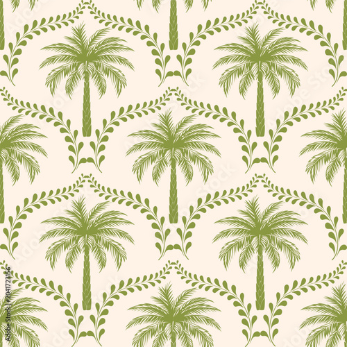 Elegant tropical seamless pattern featuring soft green palm trees surrounded by decorative leafy frames on a light background.