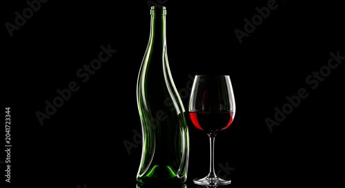 Elegant Green Wine Bottle and Red Wine Glass Standing on Black Background