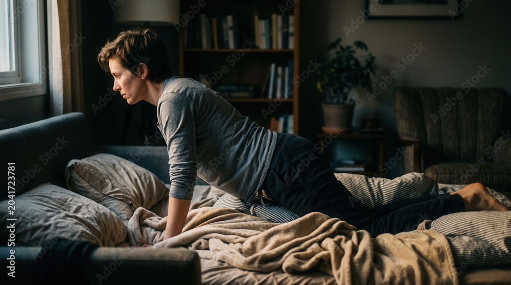 Fototapeta premium Woman Slowly Getting Out of Bed in a Cozy and Peaceful Bedroom Setting